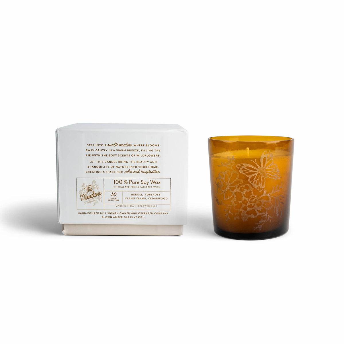 The Meadow Candle | Soy Wax Amber Glass Gold Foil Floral Box