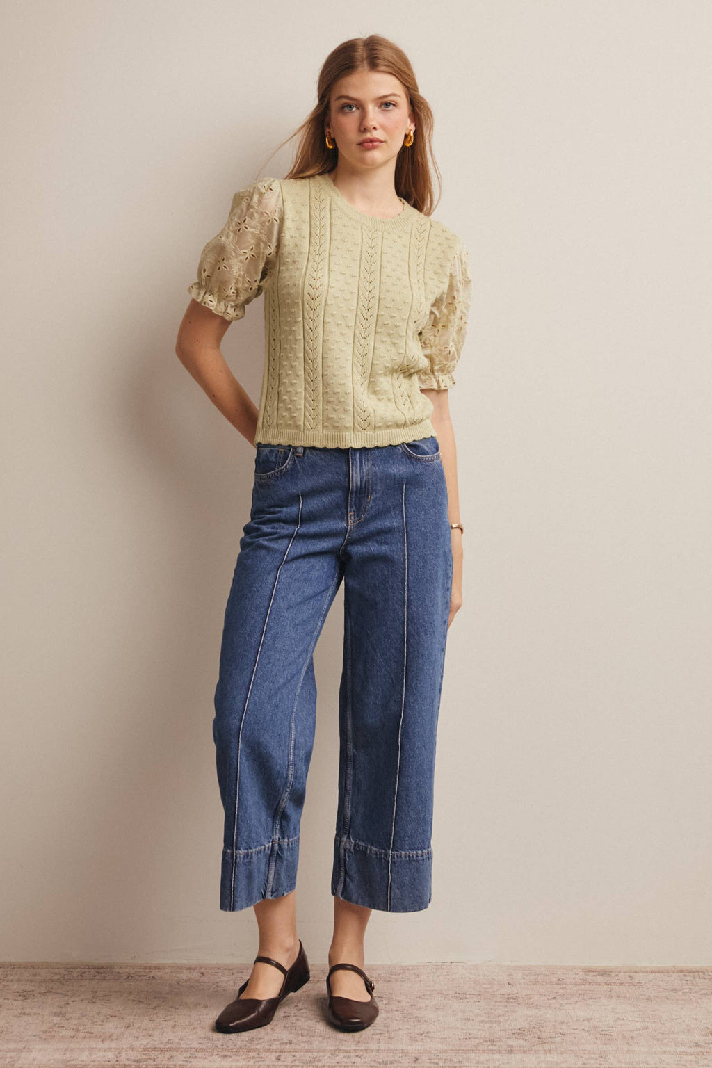 Lace Puff Sleeve Knit Top