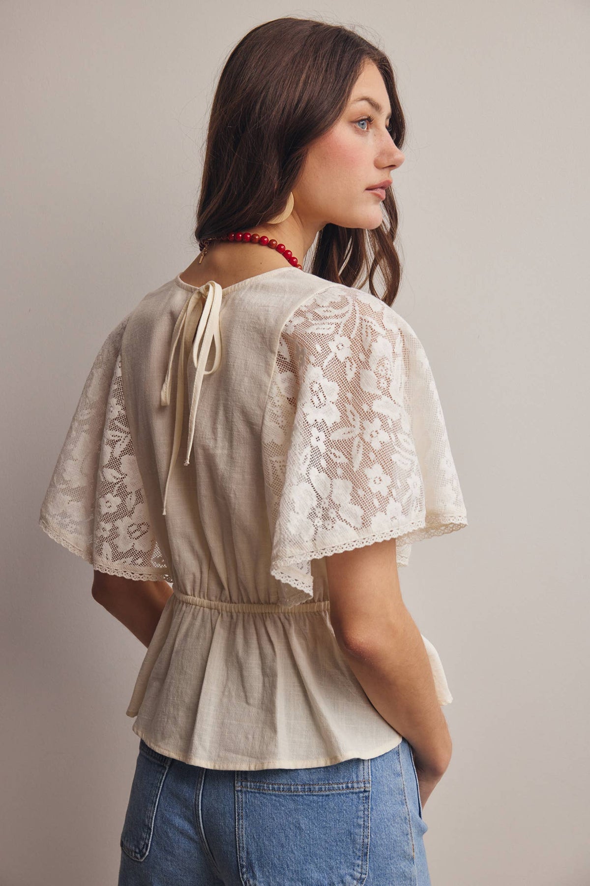 Lace Cape Sleeve Cotton Peplum Top