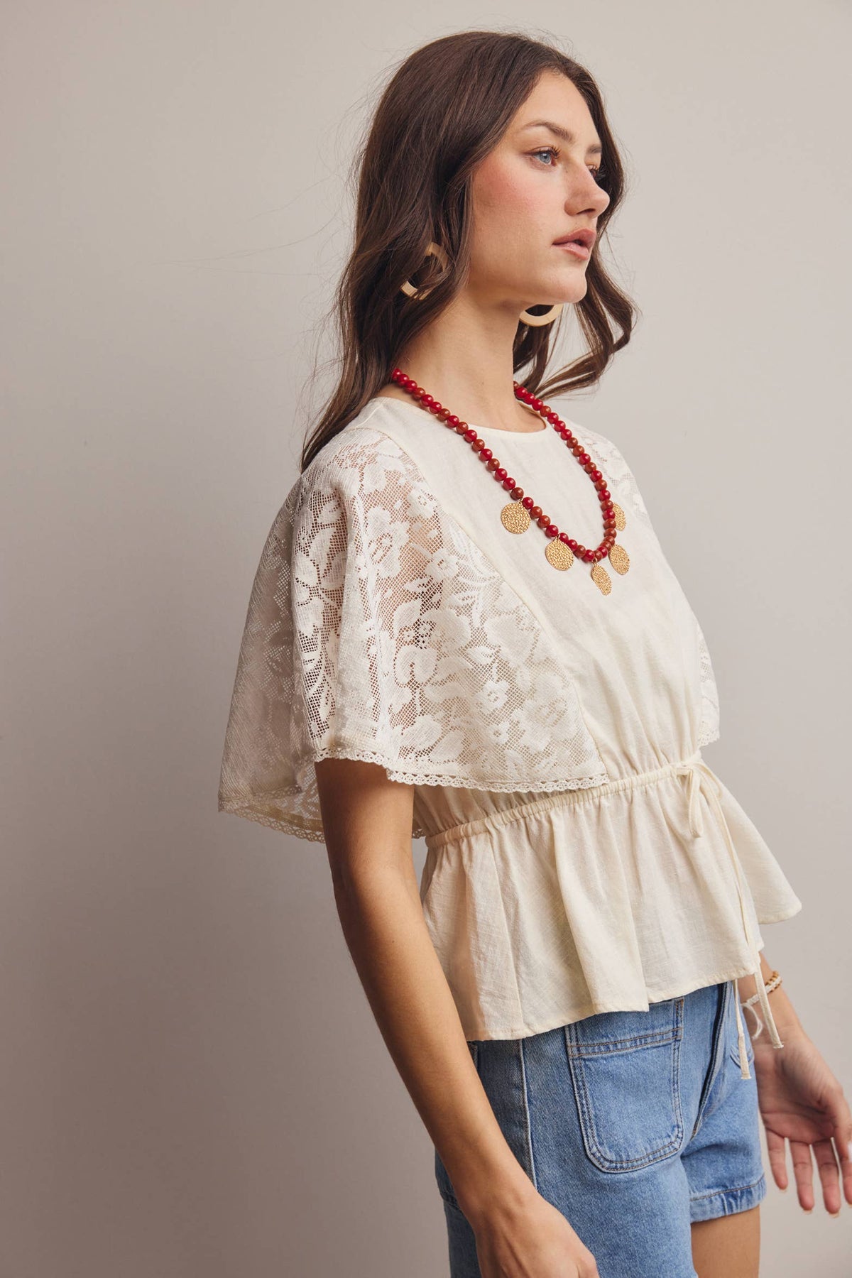 Lace Cape Sleeve Cotton Peplum Top